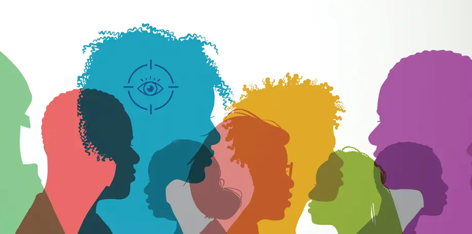 A gathering of faces in profile, one marked with an open eye